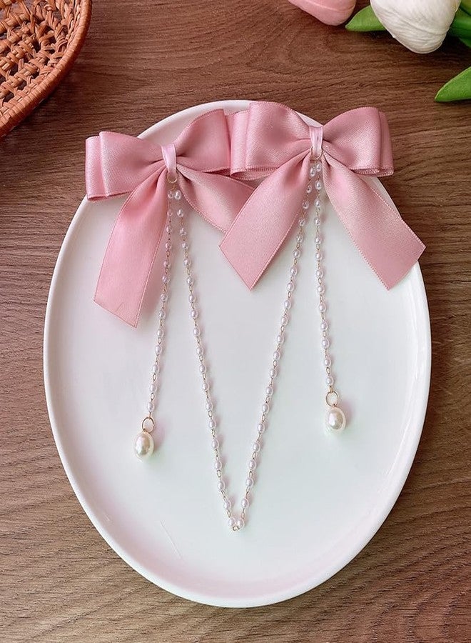 TUCEWP Satin Bow Hair Clips Pearl Tassel Chain Hair Bows Barrettes Pink Bow Claw Clip Hairpins Sweet Bowknot Snap Hair Clip Small Cute Alligator Hair Clips Hair Accessories for Women Girls Toddlers - Image 4
